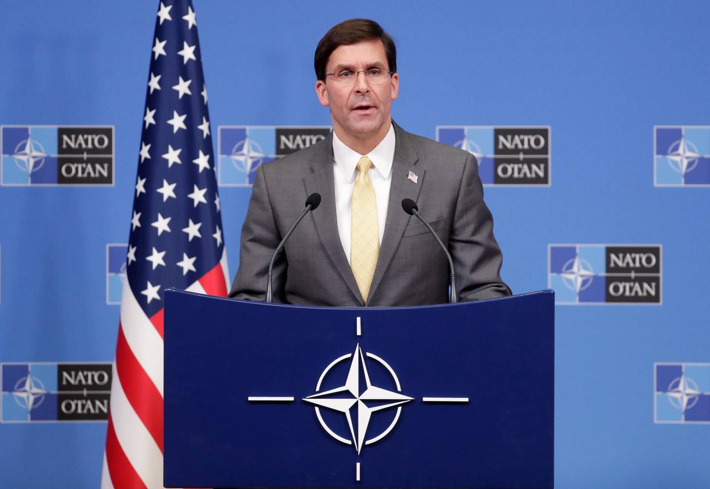 epa08215418 US Secretary for Defense Mark Esper gives a press conference at the end of a NATO defense ministers meeting in Brussels, Belgium, 13 February 2020.  EPA/STEPHANIE LECOCQ