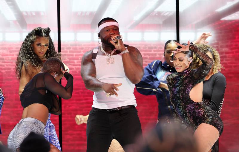50 Cent performs as part of the NFL Super Bowl LVI Halftime show in Los Angeles. Reuters