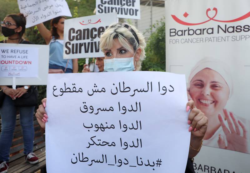 Christine Tohme, a cancer patient, during a sit-in in Beirut on August 26, 2021 to protest about shortages of cancer medication. Reuters