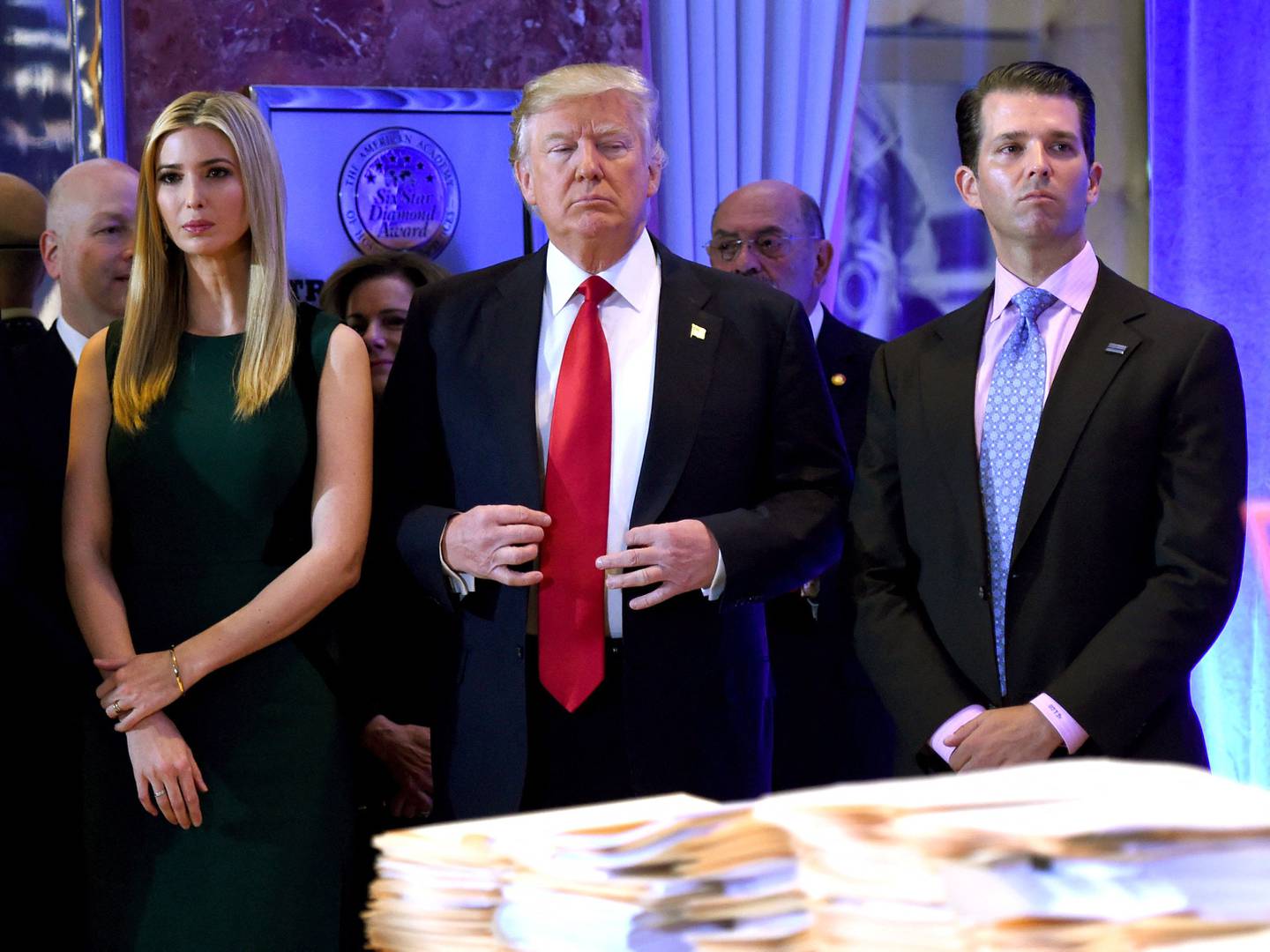 Donald Trump stands with his children Ivanka and Donald Jr during a press conference at Trump Tower in New York. AFP