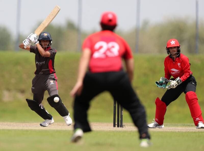 UAE's Theertha Satish bats against Hong Kong in the fourth T20 at the Malek Cricket Ground, Ajman, on Saturday, April 30, 2022. All photos by Chris Whiteoak / The National