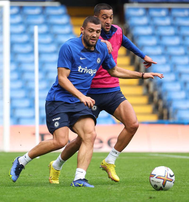 Mateo Kovacic and Hakim Ziyech battle for the ball during training. Getty