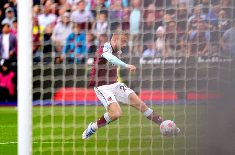 Jarrod Bowen scores West Ham's opening goal. PA