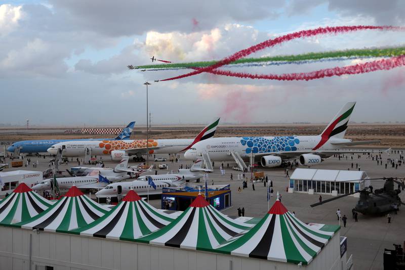 United Arab Emirates' Al Fursan perform during the fifth day of Dubai Air Show in Dubai, United Arab Emirates November 21, 2019. REUTERS/Christopher Pike