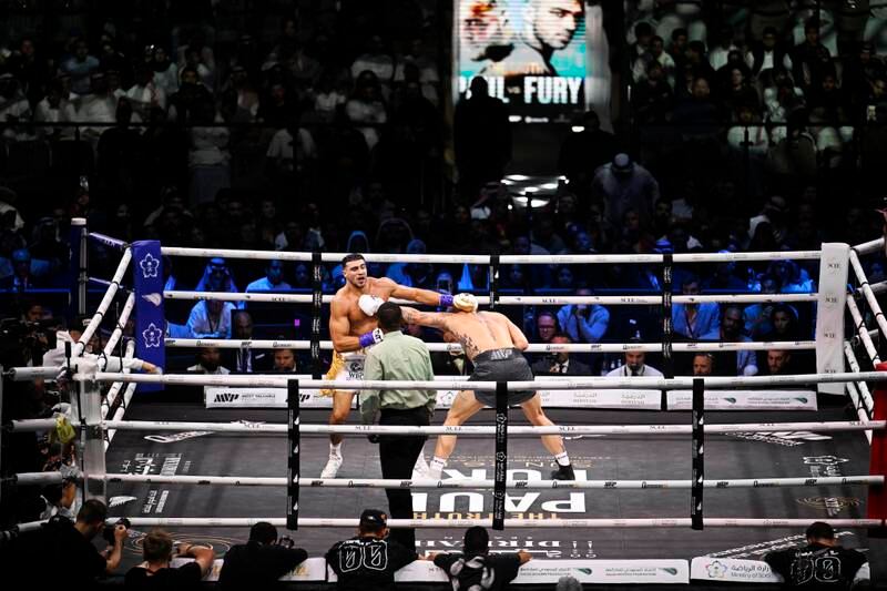 Tommy Fury in action against Jake Paul at the Diriyah Arena on the outskirts of Riyadh, Saudi Arabia. EPA