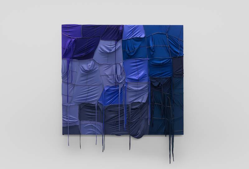 Anthony Akinbola, 'Camouflage #053 (Neptune)', 2021. Acrylic and durags on wooden panel. Photo: Carbon 12