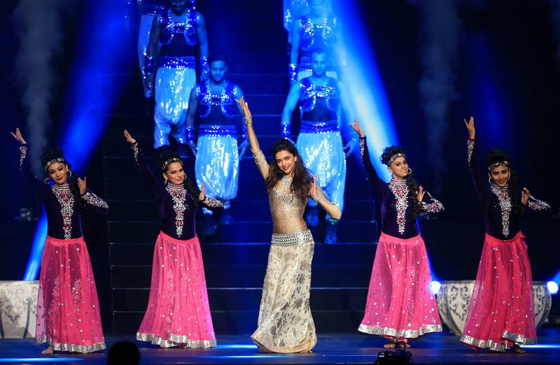 Deepika Padukone performs during a gala dinner ahead of the 2014 IPL season at the Emirates Palace hotel in Abu Dhabi. Ravindranath K / The National