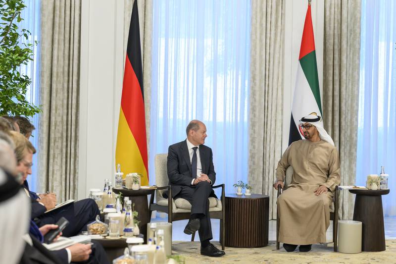 President Sheikh Mohamed and German Chancellor Olaf Scholz held talks on Sunday as a key energy partnership was agreed by the nations. All photos: Sheikh Mohamed bin Zayed/Twitter 
