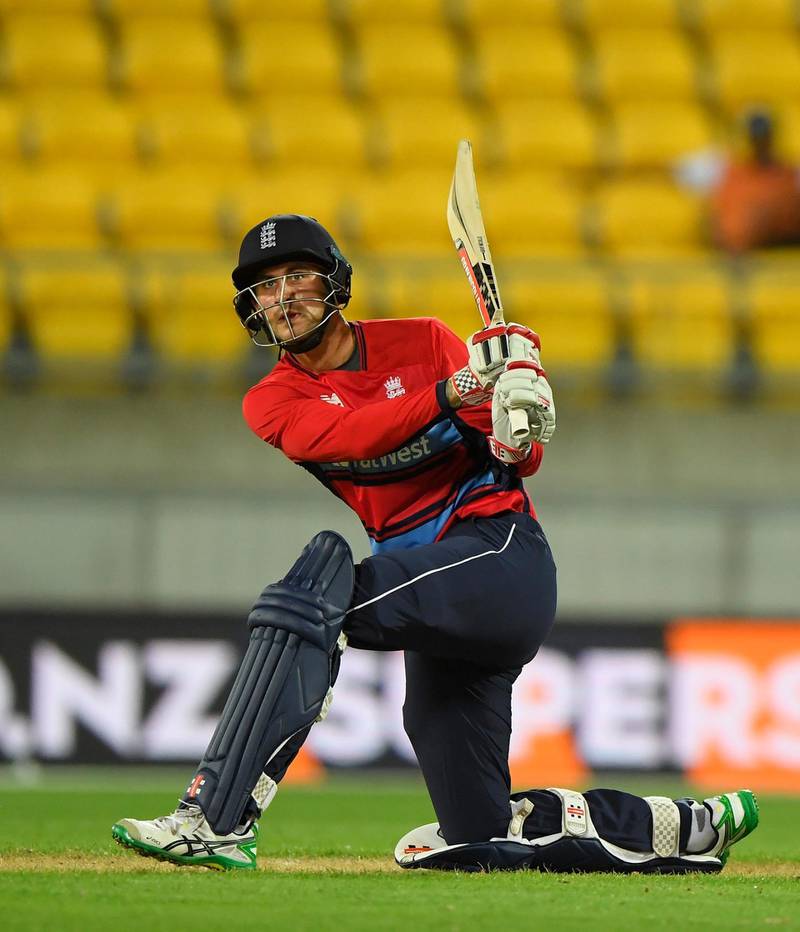 WELLINGTON, NEW ZEALAND - FEBRUARY 13:  England batsman Alex Hales hits a big six during the International Twenty20 match between New Zealand and England at Westpac Stadium on February 13, 2018 in Wellington, New Zealand.  (Photo by Stu Forster/Getty Images)