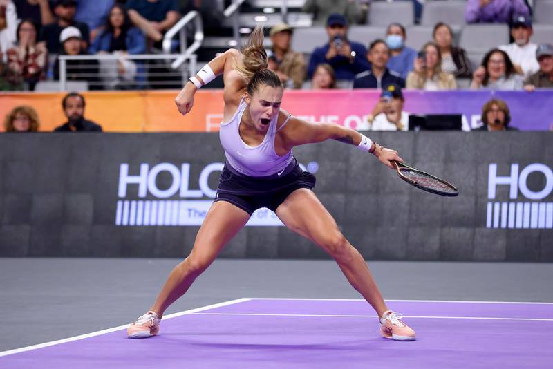 Aryna Sabalenka celebrates her win over Iga Swiatek in the WTA Finals semi-final in Fort Worth, Texas. Getty