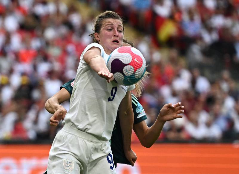 England's Ellen White in action with Germany's Kathrin Hendrich. Reuters