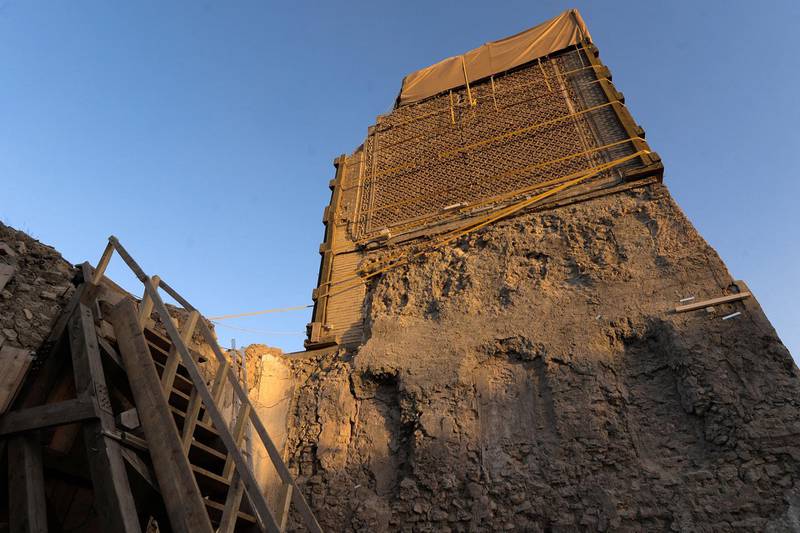 A low-angle view of the Al Hadba minaret – also known as the Leaning minaret – in Mosul's Old City. Heavily damaged by ISIS, the minaret is currently undergoing reconstruction under the UAE and Unesco initiative. AFP