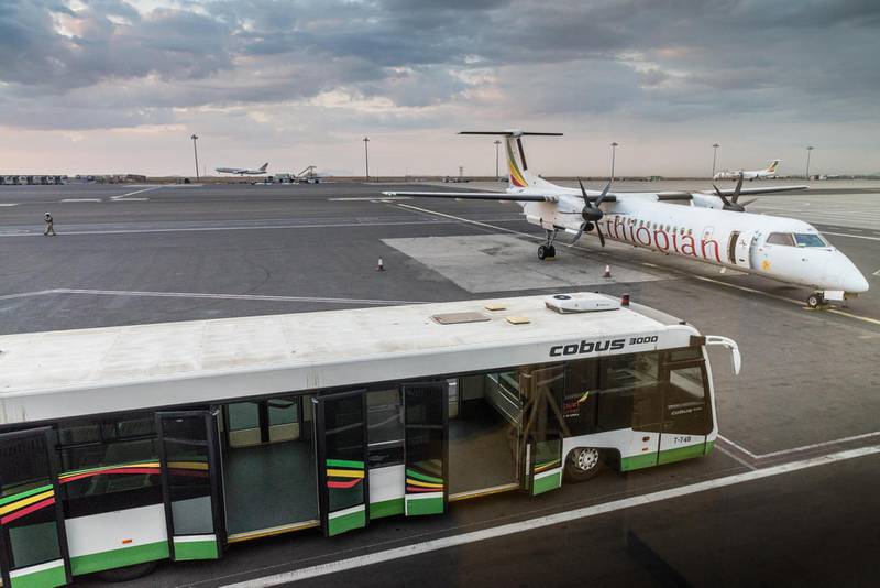 EF46YE Ethiopian Airlines plane at Addis Ababa airport, Ethiopia, Africa. The airline is part of the Star Alliance