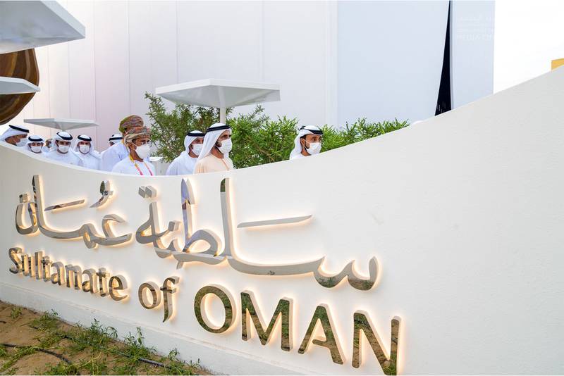 Sheikh Mohammed bin Rashid, Sheikh Hamdan bin Mohammed and Sheikh Maktoum bin Mohammed at Oman’s pavilion