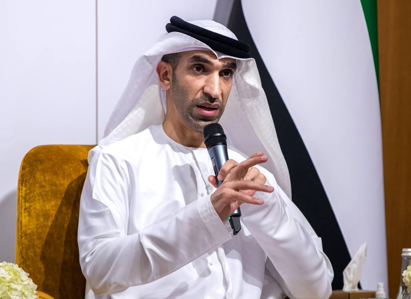 Dr Thani Al Zeyoudi, Minister of State for Foreign Trade, during the press conference on the UAE-Indonesia Comprehensive Economic Partnership Agreement. Victor Besa / The National