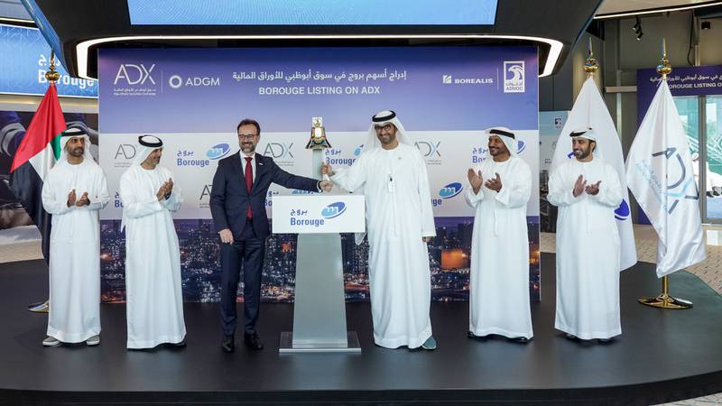 Borouge chairman Dr Sultan Al Jaber and Borealis chief executive Thomas Gangl ring the opening bell at the Abu Dhabi Securities Exchange to mark the listing of Borouge. Photo: Borouge Abu Dhabi