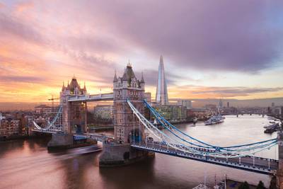 Tower Bridge and The Shard at sunset, London, England, UK. Getty Images