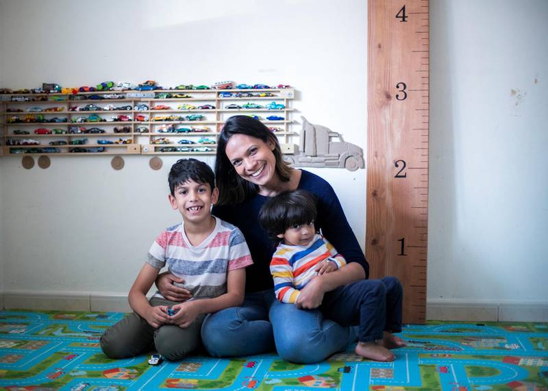 DUBAI, UNITED ARAB EMIRATES.  4 FEBRUARY 2021. Amanda Dias has completed a few DIY projects with her sons, Dwayne and Evan, like this shelving system she built from a shoe rach for the boys’ Matchbox cars.Photo: Reem Mohammed / The NationalReporter: