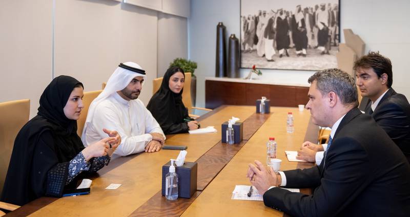 Sarah Al Amiri, Minister of State for Advanced Technology and Chair of the UAE Space Agency, holds talks with Turkey's ambassador to the Emirates, Tugay Tuncer, first right. Photo: Sarah Al Amiri, Twitter