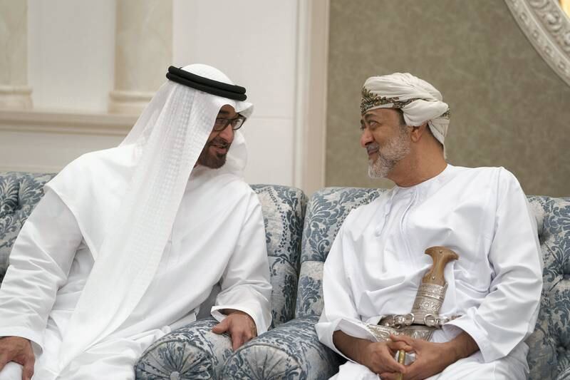 ABU DHABI, UNITED ARAB EMIRATES - January 30, 2018: HH Sayyid Haitham Bin Tariq Al Said Minister of Heritage and Culture of Oman (R) offers condolences to HH Sheikh Mohamed bin Zayed Al Nahyan, Crown Prince of Abu Dhabi and Deputy Supreme Commander of the UAE Armed Forces (L), on the passing of HH Sheikha Hessa bint Mohamed Al Nahyan, at Mushrif Palace.

( Mohamed Al Hammadi / Crown Prince Court - Abu Dhabi )
---
