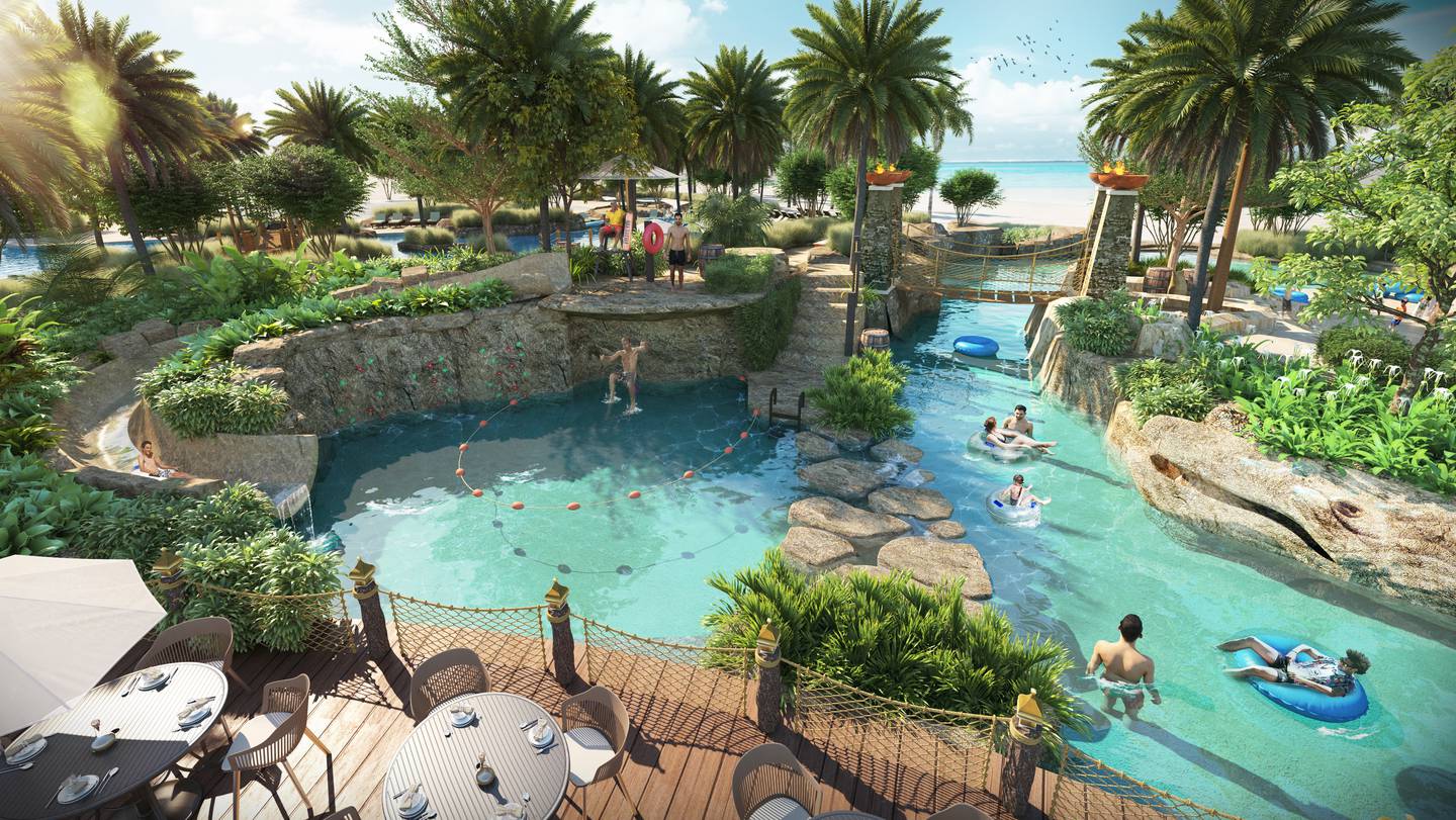 A rendering of the rock jump and lazy river at Centara Mirage Beach Resort Dubai, set to open in October. Courtesy Centara Hotels & Resorts