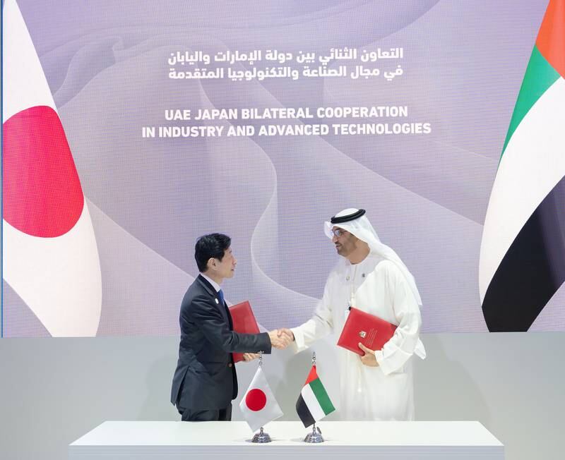 The deals were signed at a meeting between Dr Sultan Al Jaber, Minister of Industry and Advanced Technology and UAE special envoy to Japan, and Yasutoshi Nishimura, Japan’s Minister of Economy, Trade and Industry. Photo: MoIAT
