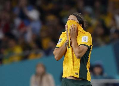 Australia's Sam Kerr reacts after England's Alessia Russo scores their third goal. Reuters