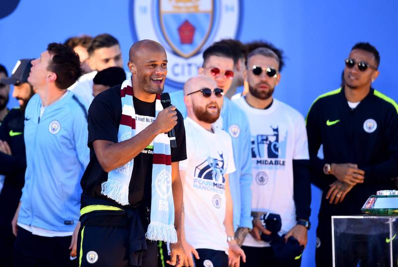 Vincent Kompany of Manchester City speaks on stage during the Manchester City Teams Celebration Parade in Manchester, England. Getty Images