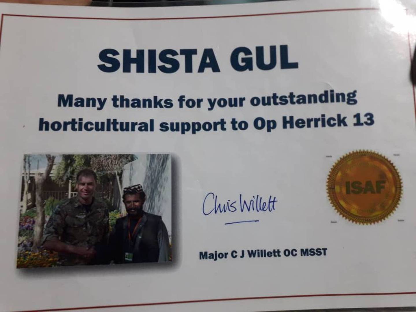 A certificate given to Shista Gul. Jamal Barak is appealing for the British government to help rescue his father Shista Gul, who was a gardener for the British Army for six years and is now trapped in Afghanistan. Courtesy Jamal Barak