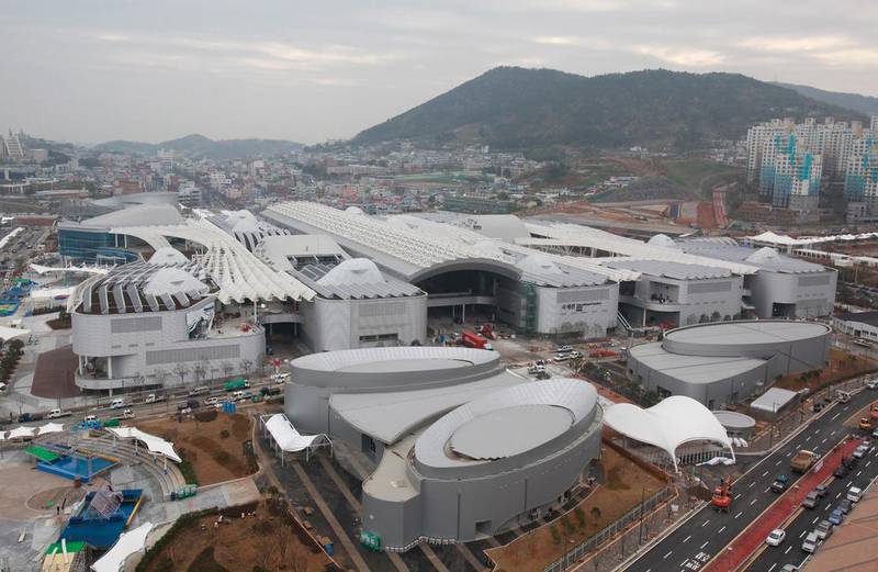 YEOSU, SOUTH KOREA - APRIL 20: Workers construct the 2012 Yeosu Expo facilities on April 20, 2012 in Yeosu, South Korea. More than 105 countries, 10 International Organizations and 10 million visitors are expected to participate in the expo that will open on May 12 to August 12. (Photo by Chung Sung-Jun/Getty Images)