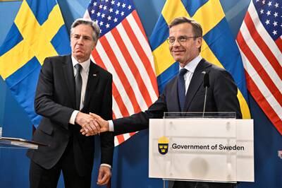 US Secretary of State Antony Blinken with Sweden's Prime Minister Ulf Kristersson in Lulea, Sweden, on May 30. TT News Agency via Reuters