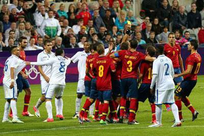 Honduras and Spain players clash during their Olympic football match in Newcastle