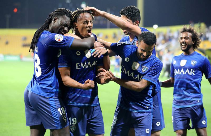 DUBAI, UNITED ARAB EMIRATES , Feb 10  – 2020 :- Carrillo Díaz (no 19 blue 2nd from left) of Al Hilal club celebrating after scoring the goal in  the Asian Champions League football match between Al Hilal v Shahr Khodro held at Zabeel Stadium in Dubai. (Pawan  Singh / The National) For Sports. Story by John