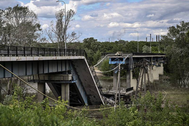 A bridge that once connected Severodonetsk with the city of Lysychansk on the opposite bank of a river in Ukraine. AFP