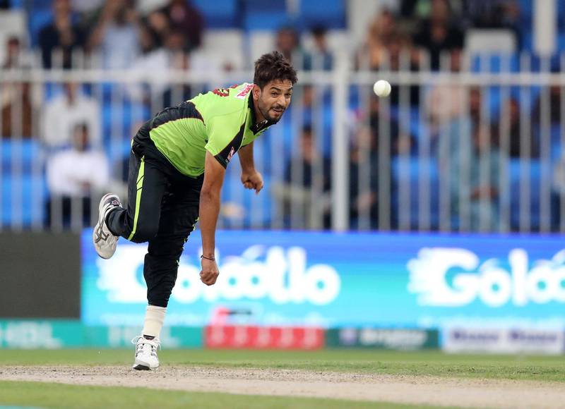 Sharjah, United Arab Emirates - February 23, 2019:  Lahore's Haris Rauf bowls during the game between Lahore Qalandars and Quetta Gladiators in the Pakistan Super League. Saturday the 23rd of February 2019 at Sharjah Cricket Stadium, Sharjah. Chris Whiteoak / The National