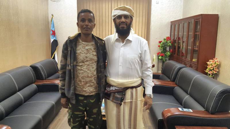 Maged (L) poses with Hani bin Breik, vice president of the Southern Transitional Council. Ali Mahmood for The National
