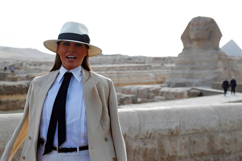 She stopped to speak with the media before touring the pyramids.
