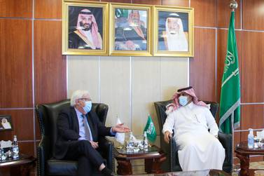 Saudi Arabia’s ambassador to Yemen, Mohammed Al Jaber, meets UN Special Envoy to Yemen Martin Griffiths in Riyadh. SPA