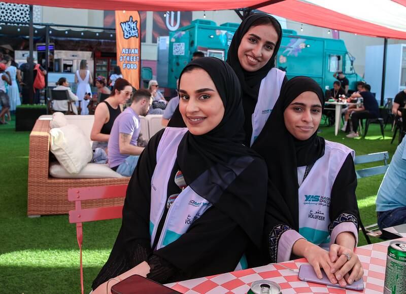 Best friends Shamsa Al Naqbi, Shamsa Al Mansoori and Alyazia Al Kalbani at the F1 fan zone
