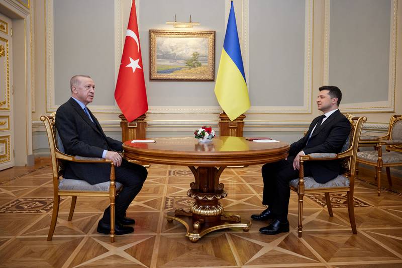 Turkish President Tayyip Erdogan and Ukrainian President Volodymyr Zelenskyy in Kyiv in February 2022, weeks before Russia invaded. Reuters
