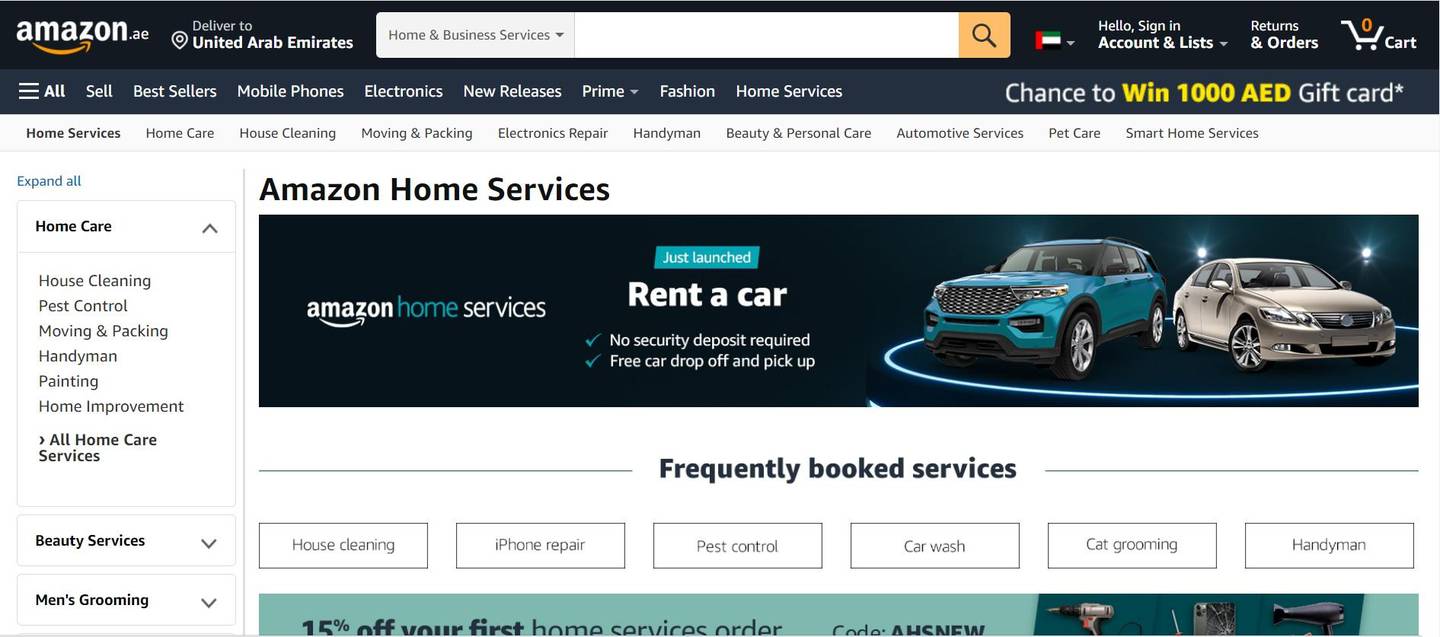 A screen grab of Amazon's car rental service unveiled in the UAE under the umbrella of home services.