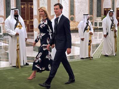 Ivanka Trump and Jared Kushner arrive to attend the presentation of the Order of Abdulaziz Al Saud medal at the Saudi Royal Court in Riyadh on May 20, 2017. AFP / Mandel Ngan