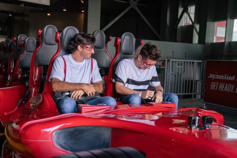 F1 drivers Charles Leclerc and Carlos Sainz Jr. on the world’s fastest rollercoaster Formula Rossa. Photo: Ferrari World Abu Dhabi