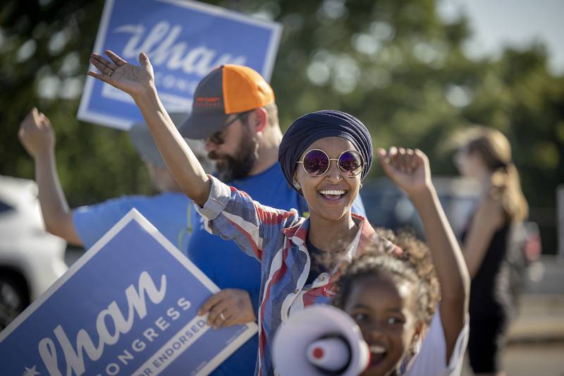 US Democratic Representative Ilhan Omar waves to supporters, in Minneapolis. Star Tribune / AP