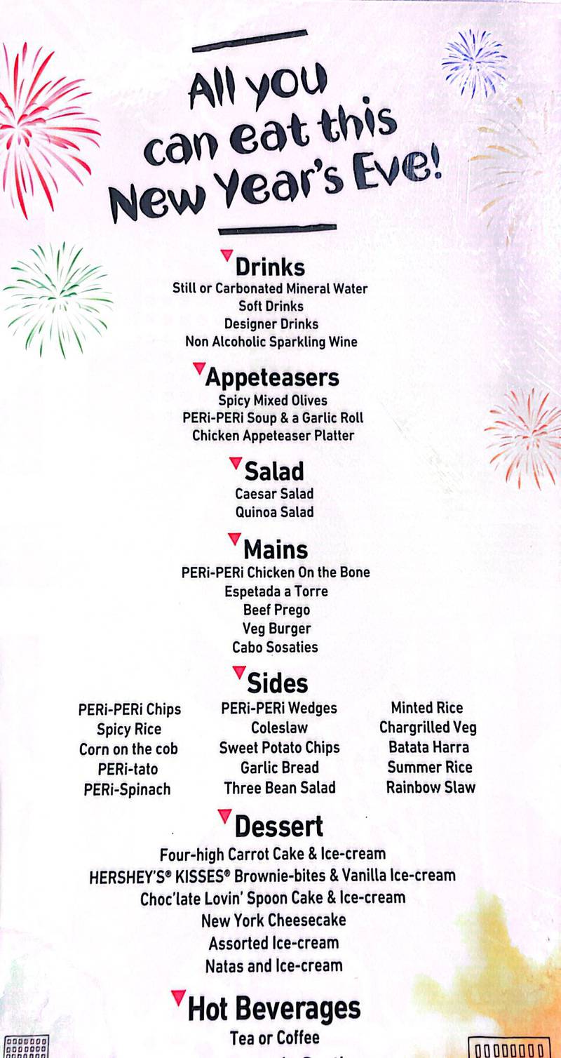 Nando's cheeky New Year's Eve menu. Photo: Nando's