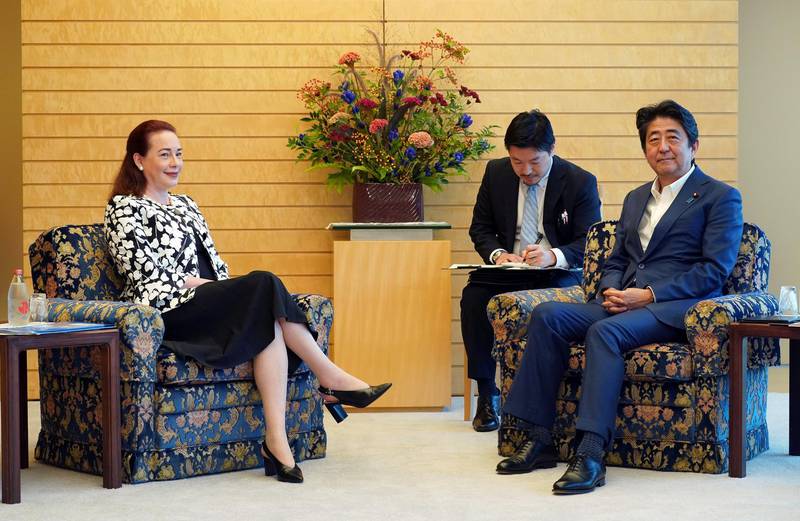 Maria Fernanda Espinosa Garces, President-elect of the 73rd session of the United Nations General Assembly (L), and Japan's Prime Minister Shinzo Abe speak during their meeting at the Prime Minister's office in Tokyo, Japan, August 31, 2018. Eugene Hoshiko/Pool via REUTERS