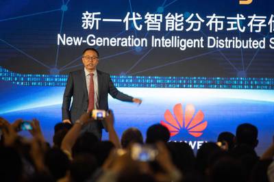 David Wang, executive director of the board, ICT Strategy & Marketing President speaks to journalists and guests at the Huawei database and storage product launch during a press conference at the Huawei Beijing Executive Briefing Centre in  Beijing.  AFP