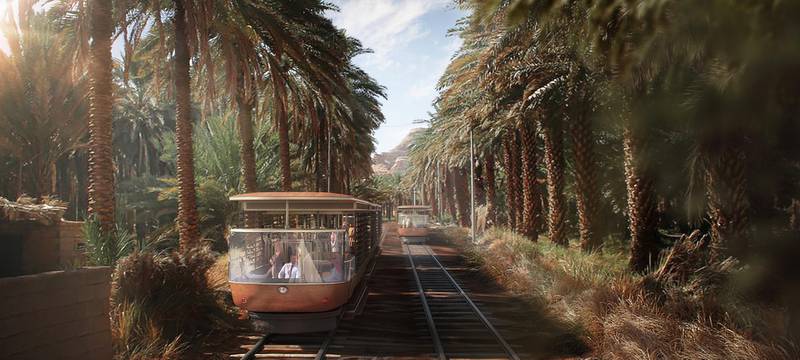A low-carbon tram will connect visitors from Al Ula International Airport across the five districts that make up The Journey Through Time. Courtesy RCU 