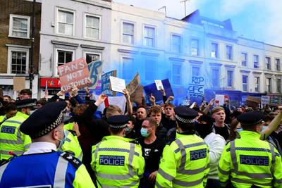 Chelsea fans protesting against the planned European Super League. PA
