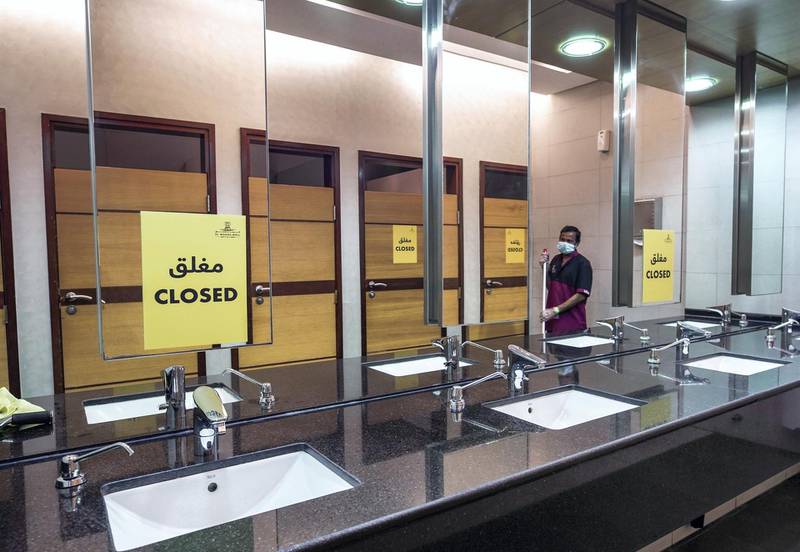 Abu Dhabi, United Arab Emirates, May 10, 2020.   The reopening of the Al Wahda Mall during the Coronavirus pandemic.  An alternate washing area at the Men's Restroom.Victor Besa/The NationalSection:  NAReporter: